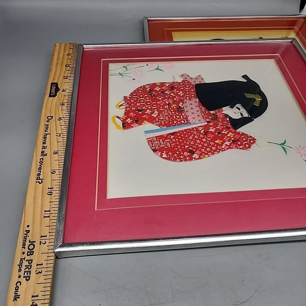 Pair Set Japanese Girl Kimono Fabric 3D Wall Art Geisha Wood Frame Art Asian